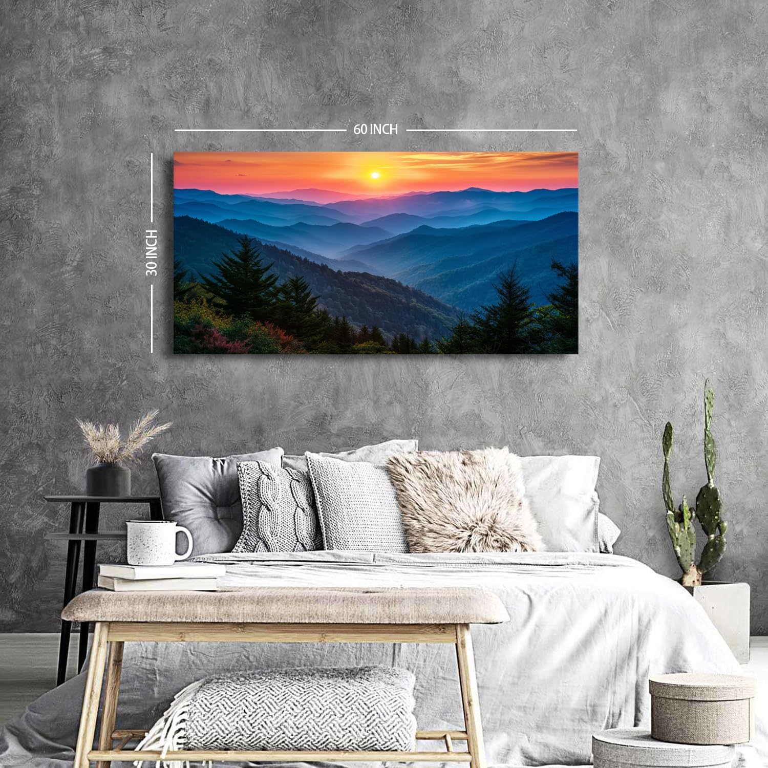 Great Smoky Mountain Wall Art for Living Room Sunset Blue Ridge National Park Poster Canvas Prints Natural Scenic Artwork Bathroom Rustic Misty Forest Landscape Picture Bedroom Home Decorations 30x57.8'