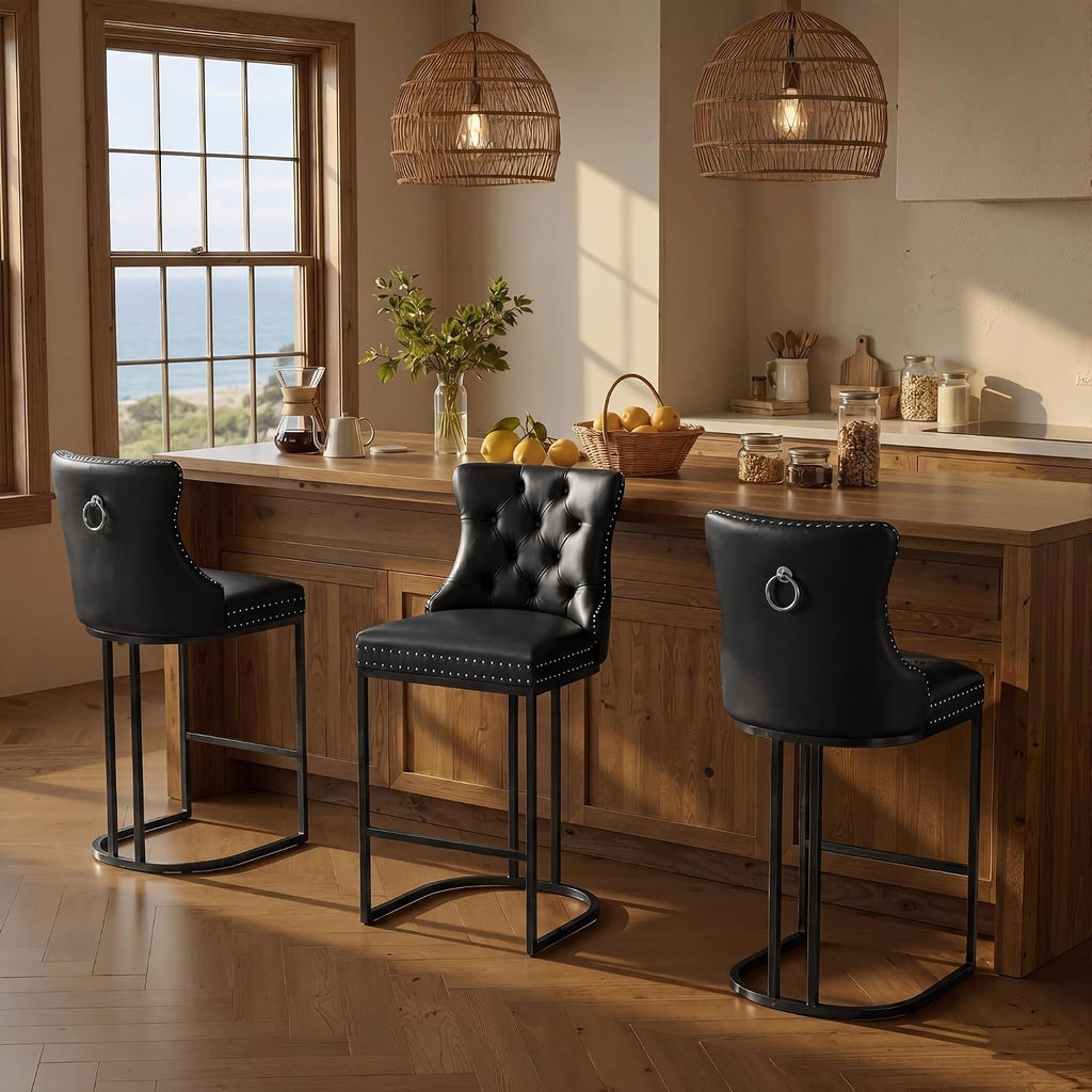 AQO 26 Inch Bar Stools Set of 3, Modern Counter Height Bar Stools with Backs, Upholstered Faux Leather Counter Stools for Kitchen Island, Black