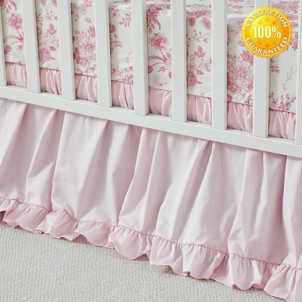 Brandream French Country Toile Crib Bedding Set for Girls Pink Grandmillennial Toile Vintage Floral Print 100% Cotton Baby Girl Nursery Bedding - Ruffles Quilt,Toile Crib Sheet,Crib Bed Skirt,3 Pieces
