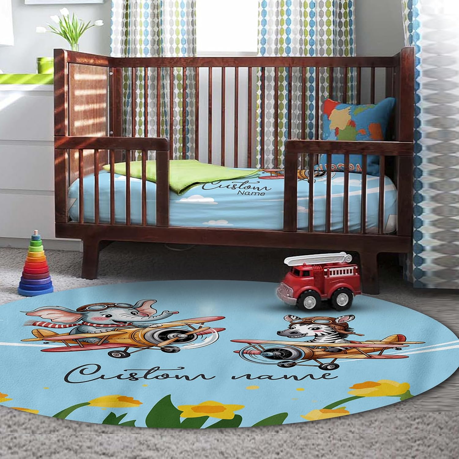 Personalized Crib Bedding Set for Baby Boys, Custom Name Baby Crib Sets 5-Pcs Include Toddler Double Layer Blanket Fitted Sheet Changing Pad Cover Rug Wall Art Set, Elephant Glider Theme Nursery Décor