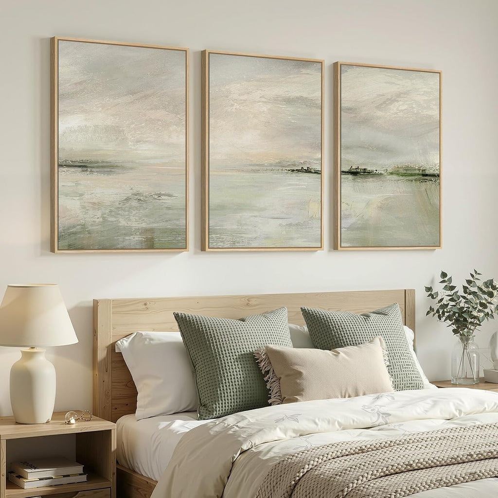 Large Framed Sage Green Abstract Landscape Wall Art for Living Room, 3 Piece Modern Canvas Prints Paintings Artwork for Walls, Oversized Pictures for Hallway Dining Bedroom Office Wall Decor 24x36 In