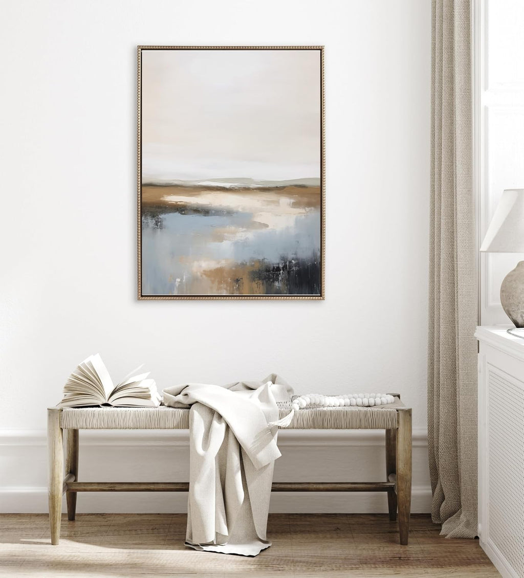 Kate and Laurel Sylvie Beaded Idyllic Retreat Vintage Framed Canvas Wall Art by Amy Lighthall, 18x24 White, Abstract Watercolor Landscape Art for Wall