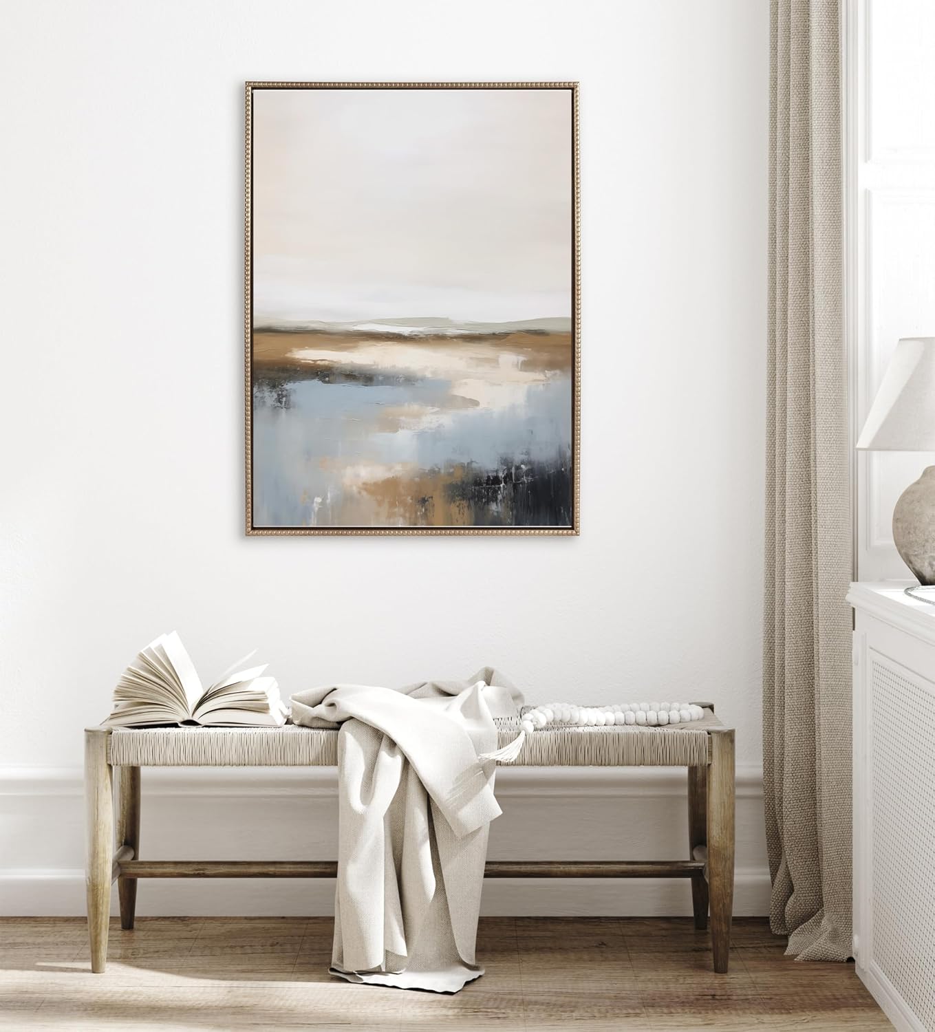 Kate and Laurel Sylvie Beaded Idyllic Retreat Vintage Framed Canvas Wall Art by Amy Lighthall, 18x24 White, Abstract Watercolor Landscape Art for Wall