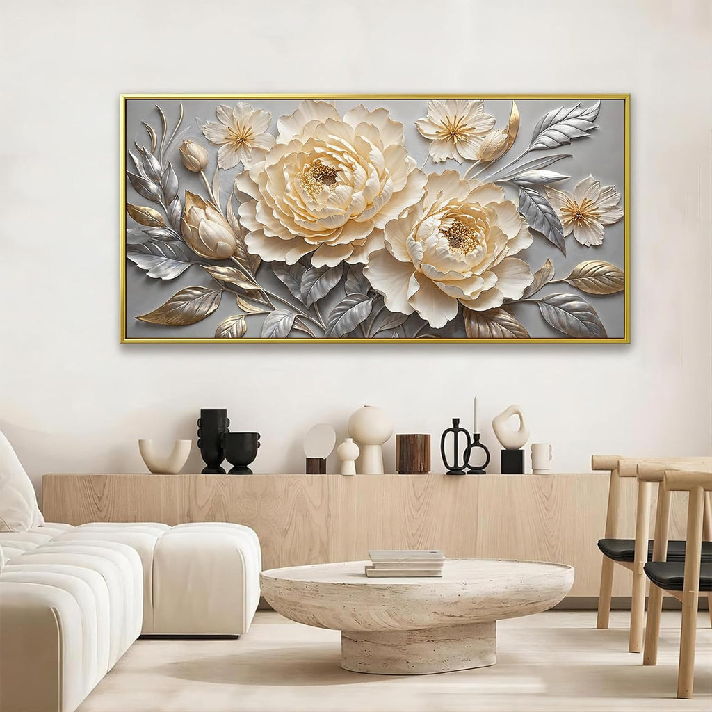Large Canvas Art Wall Decor Print Silver White Flowers Wall Art Picture Modern Landscape Artwork Painting Gold Framed Wall Art For Living Room Bedroom Home Office Prints Artwork 29' X 58'