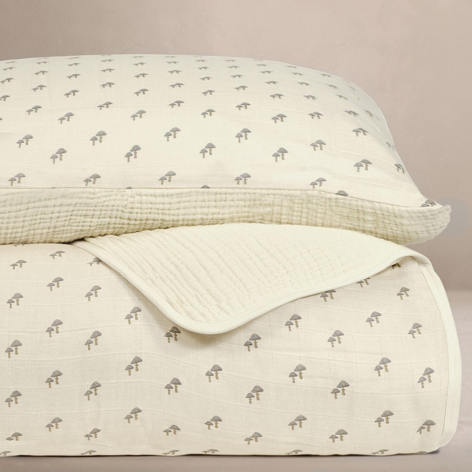 Oilo Mushroom Crib Bedding Set, 5-Layer Organic Cotton Muslin Crib Quilt & Sham, Mushroom Nursery, Toddler Comforter 45x60, Reversible, Neutral Cream