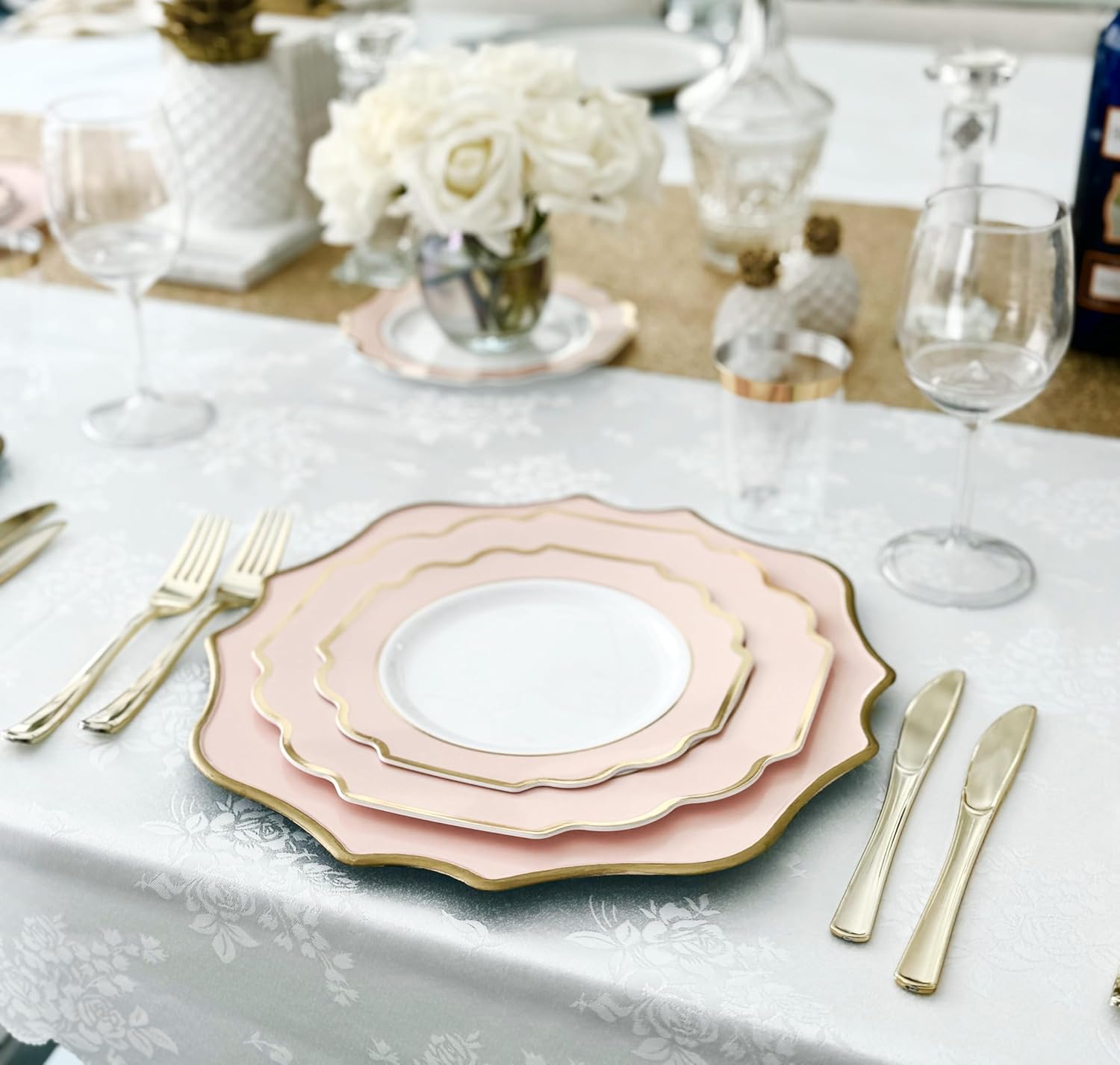 ' OCCASIONS ' 960 Piece set (120 Guests)-Heavyweight Wedding Party Disposable Plastic Plate Set - 120 x 10.5'' + 120 x 8'' + Silverware + Cups + Napkins (Imperial in Blush Pink & Gold)