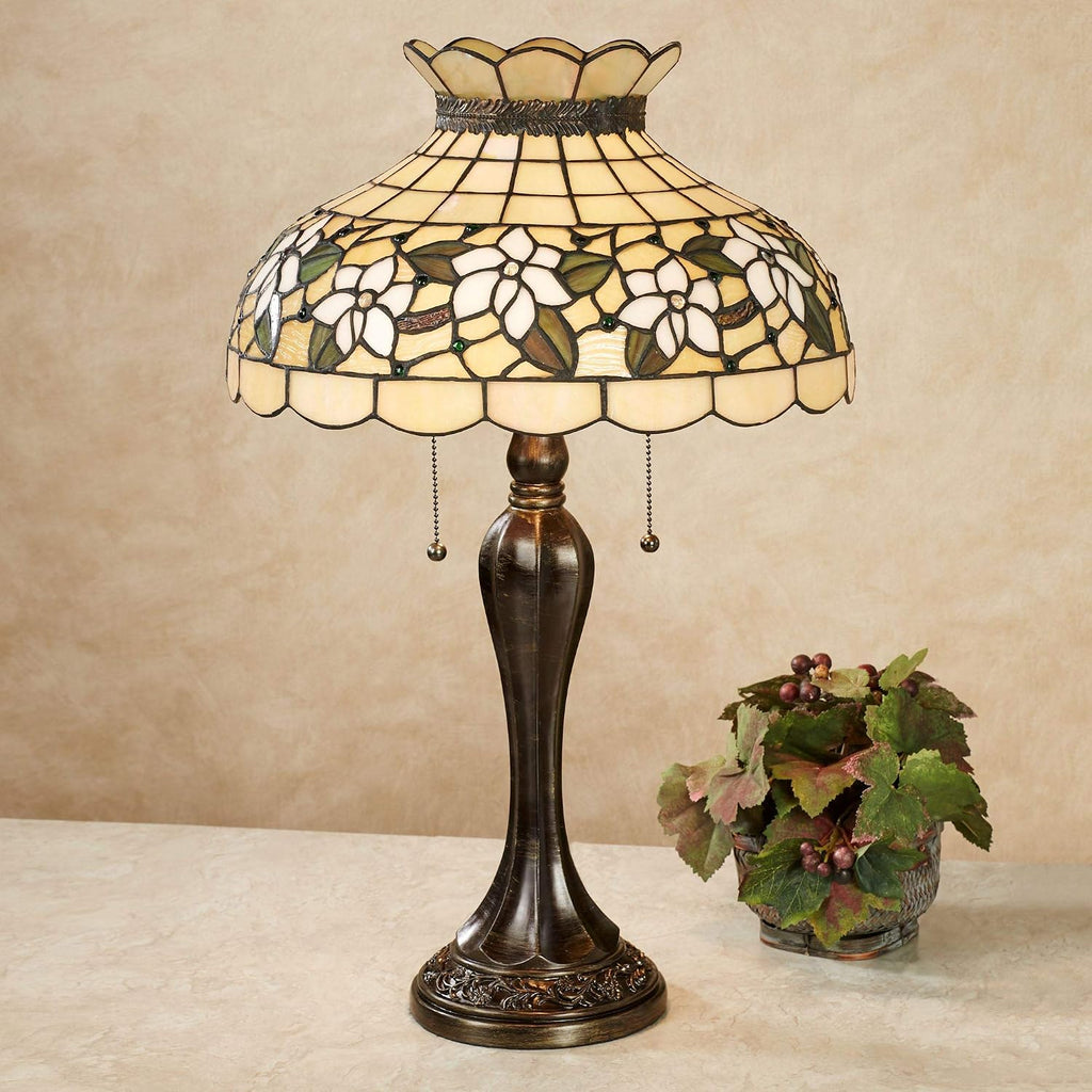 Touch of Class Maylea Magnolia Stained Glass Table Lamp Ivory 20.5 Inches High - Tiffany Style Lighting for Bedroom, Living Room, Office, Hotel