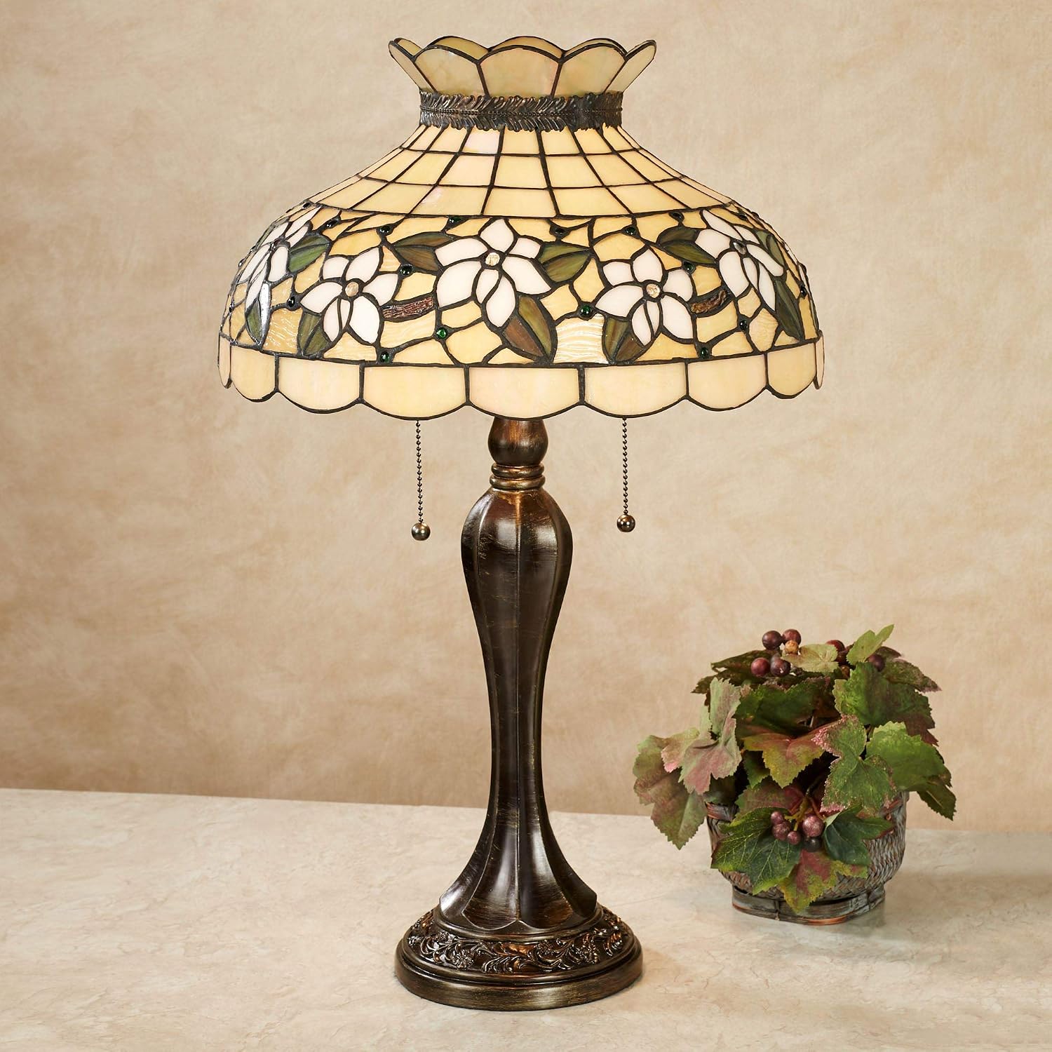 Touch of Class Maylea Magnolia Stained Glass Table Lamp Ivory 20.5 Inches High - Tiffany Style Lighting for Bedroom, Living Room, Office, Hotel
