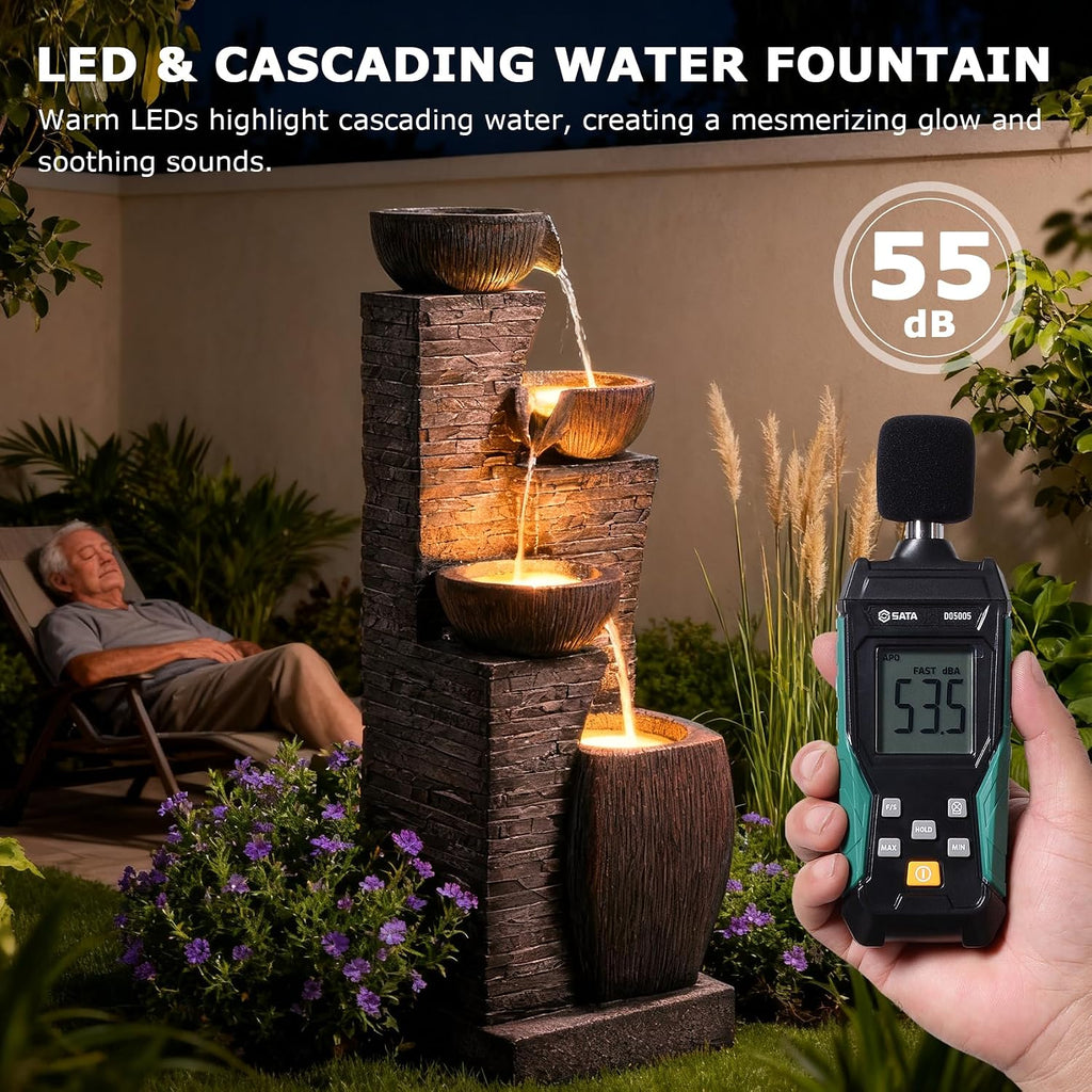 38.2' Tall Water Fountain Outdoor Garden,4 Tiers Modern Cascading Bowls and Stacked Stones Indoor Fountains with LED Lights for Patio, Deck, Porch, Backyard and Home Art Decor(Reddish-Brown