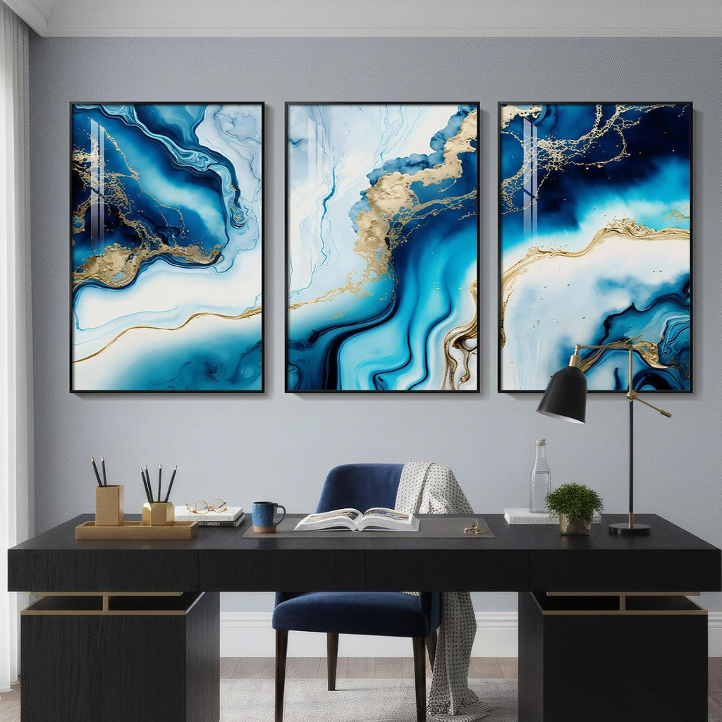 Large Framed Modern Elegant Abstract Wall Art for Living Room, 3 Piece Contemporary Blue and Gold Bright Prints Paintings Artwork for Walls, Luxury Pictures for Hallway Home Office Wall Decor 24x36 In