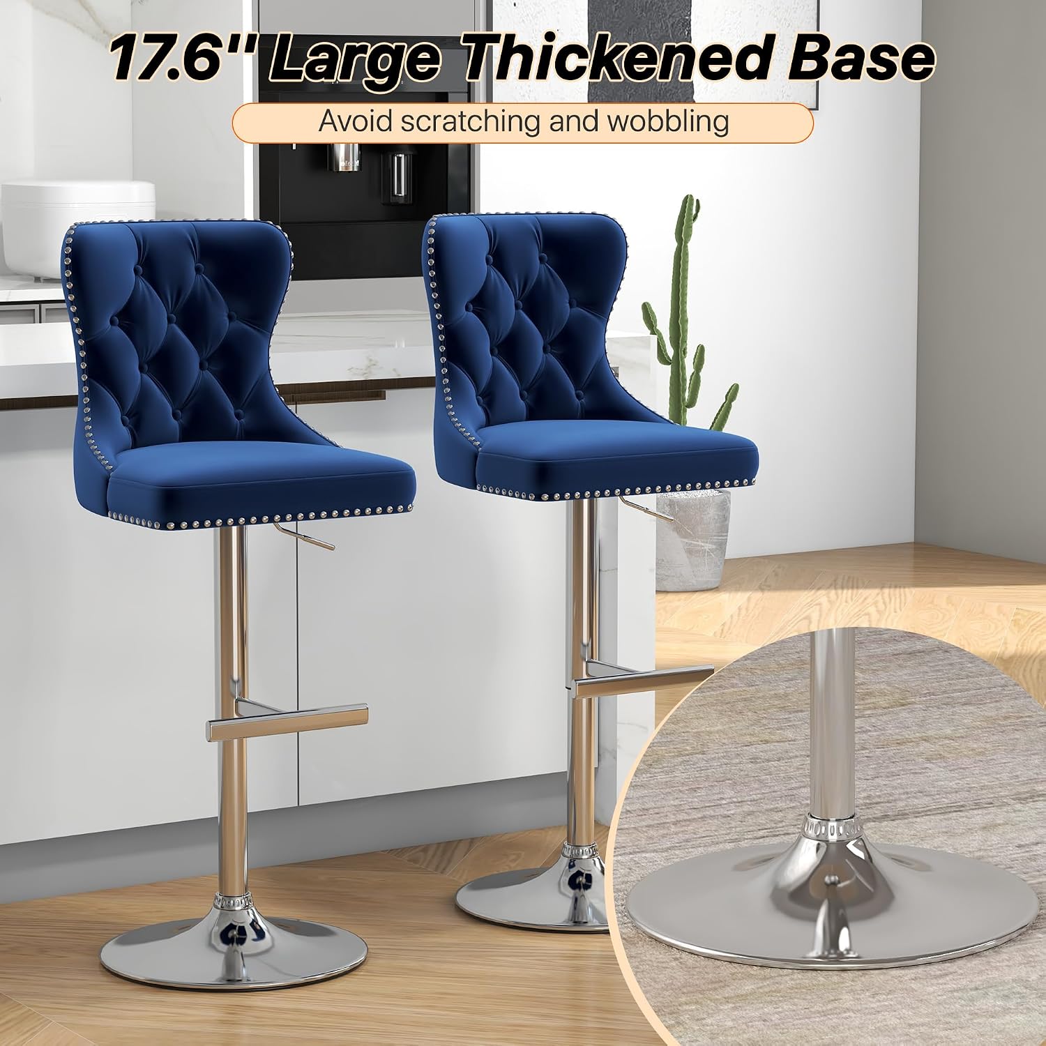 Bar Stools Set of 4, Velvet Swivel Counter Height Stools with Tufted Back, Adjustable Seat with Nailheads Trim, Upholstered Bar Chairs with Steel Base for Kitchen Island, Pub, Blue