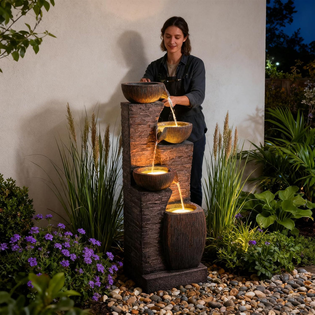 38.2' Tall Water Fountain Outdoor Garden,4 Tiers Modern Cascading Bowls and Stacked Stones Indoor Fountains with LED Lights for Patio, Deck, Porch, Backyard and Home Art Decor(Reddish-Brown