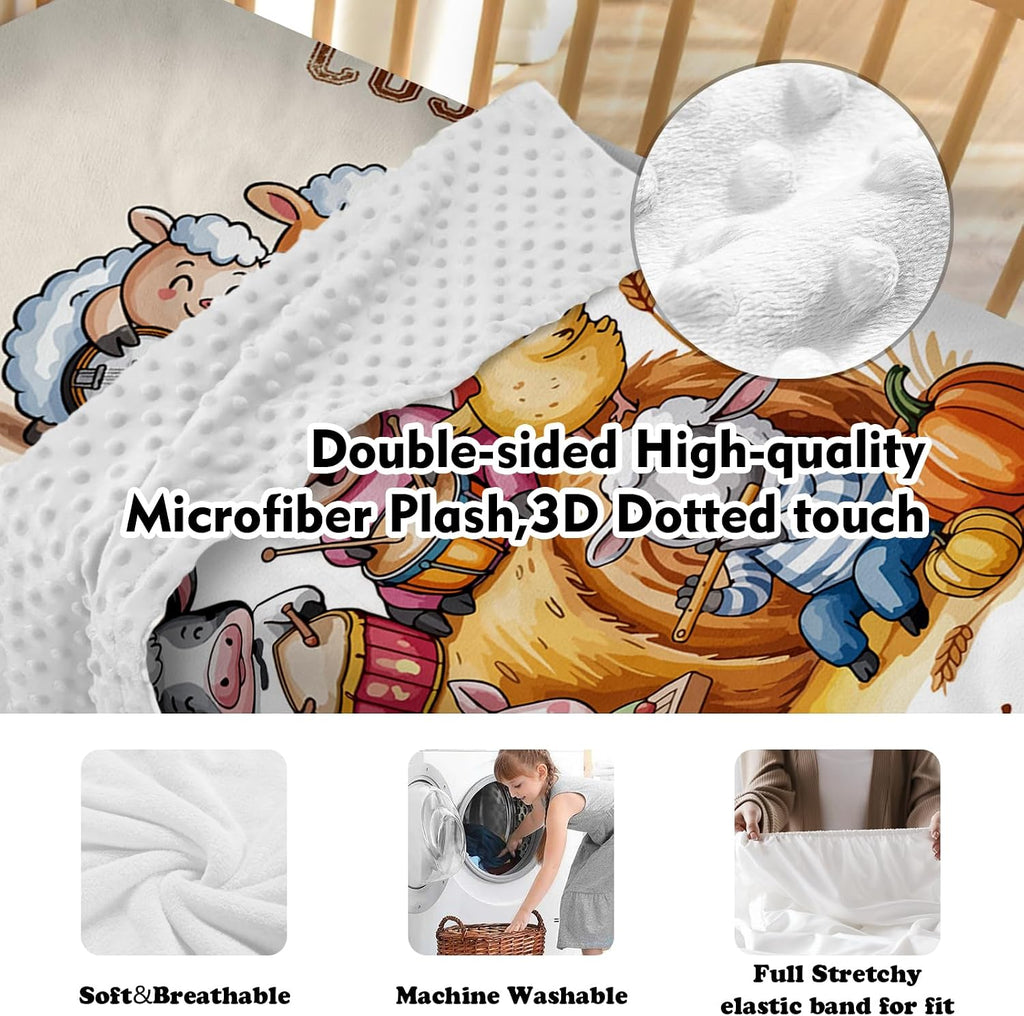 Personalized Crib Bedding Set for Baby Boys Girls, Farm Animals Design Custom Name Baby Crib Sets 5-Pcs, Double Layer Baby Blanket Fitted Sheet Changing Pad Cover Rug Wall Art Set