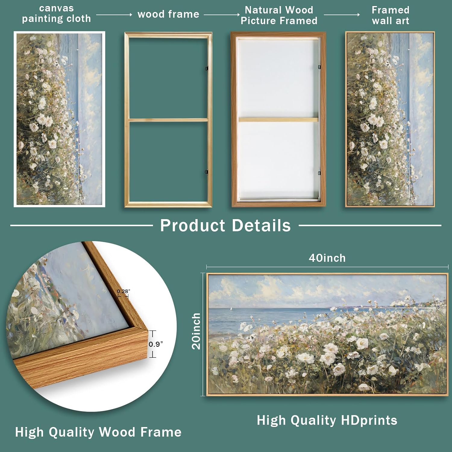 Large Framed Wall Art for Living Room Decor - Farmhouse Beach Coastal Painting Vintage Floral Ocean Wall Picture 3d Textured Flowers Canvas Print Artwork for Home Bedroom Office 24'x48'(Framed