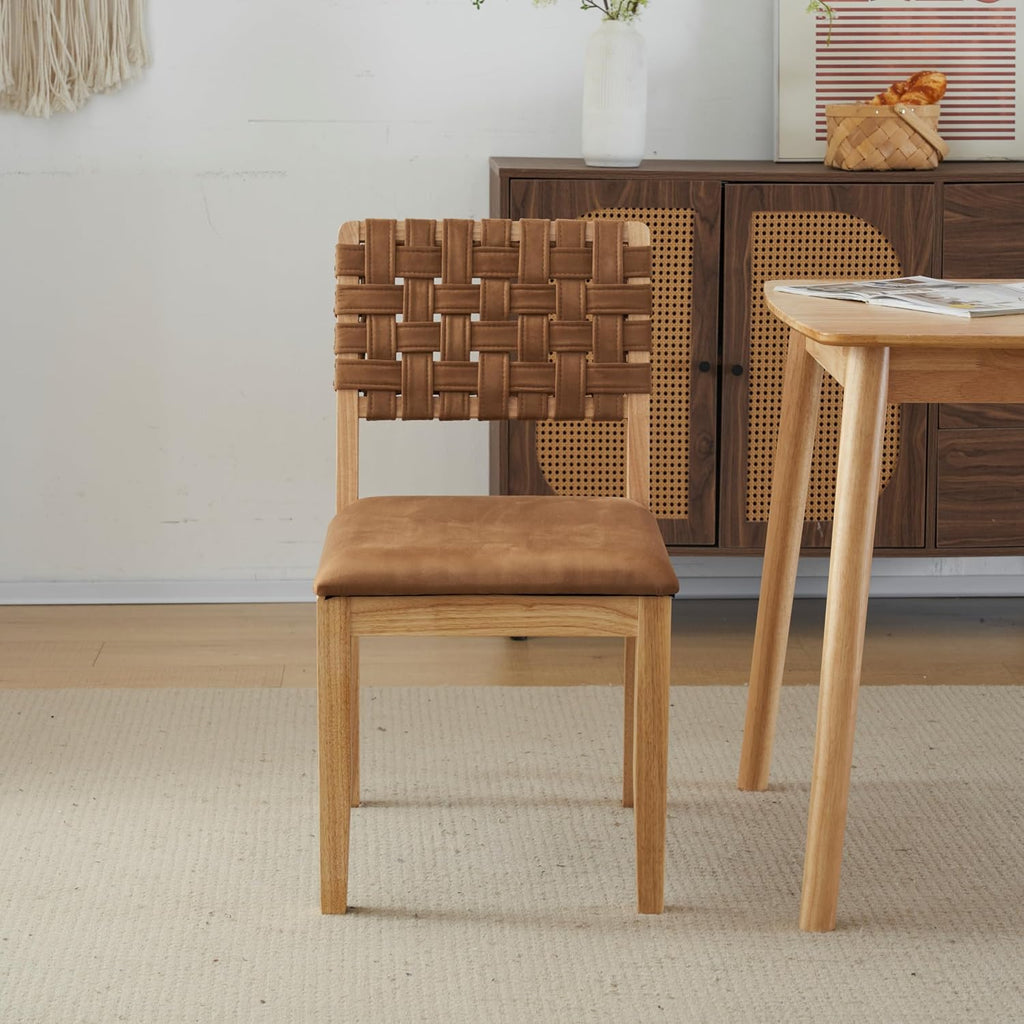 VINGLI Brown Woven Wooden Dining Chairs Set of 2,Armless Mid Century Modern Desk Chairs with Rivet&Foot Pegs,Upholstered Farmhouse Comfy Chair No Wheels for Dining Room,Living Room,Kitchen,Oak,Suede