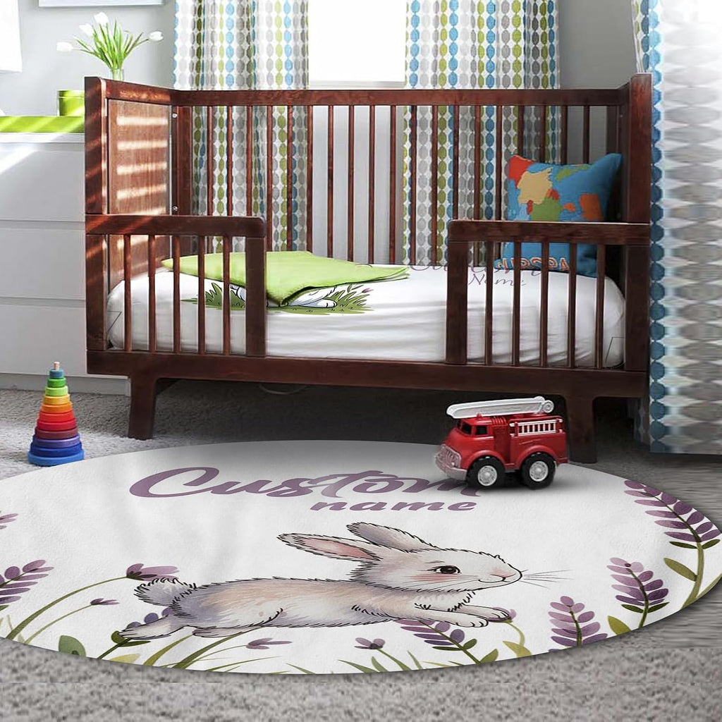 Personalized Crib Bedding Set for Baby Girls, Custom Name Baby Crib Sets 5-Pcs Include Toddler Double Layer Blanket Fitted Sheet Changing Pad Cover Rug Wall Art Set, Gray Rabbit Themes Nursery Décor