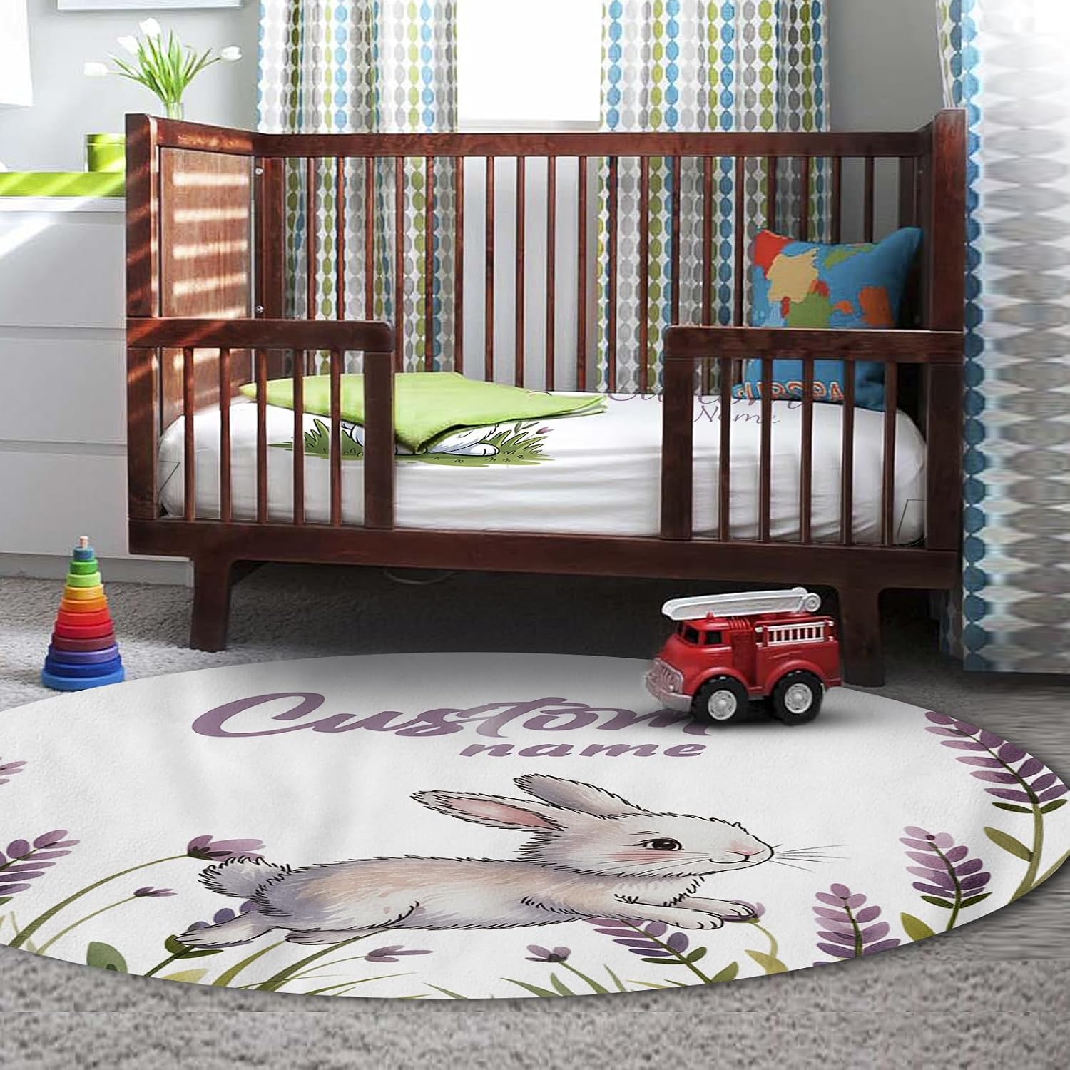 Personalized Crib Bedding Set for Baby Girls, Custom Name Baby Crib Sets 5-Pcs Include Toddler Double Layer Blanket Fitted Sheet Changing Pad Cover Rug Wall Art Set, Gray Rabbit Themes Nursery Décor