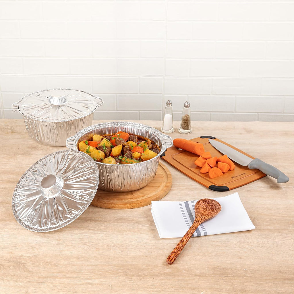 Foil Lux 3.5 Quart Pans And Lids, 100 Disposable Pots With Lids - Oven-Ready, Stove Compatible, Aluminum Foil Baking Pans, Freezable, For Outdoor Camping, Vacation, Picnic, And More - Restaurantware
