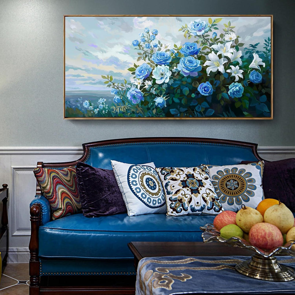 Framed Floral Wall Art for Bedroom Living Room – Blue and White Flowers Canvas Painting with Rustic Wood Frame – Botanical Artwork for Farmhouse & Cottage Décor 48x24 Inch