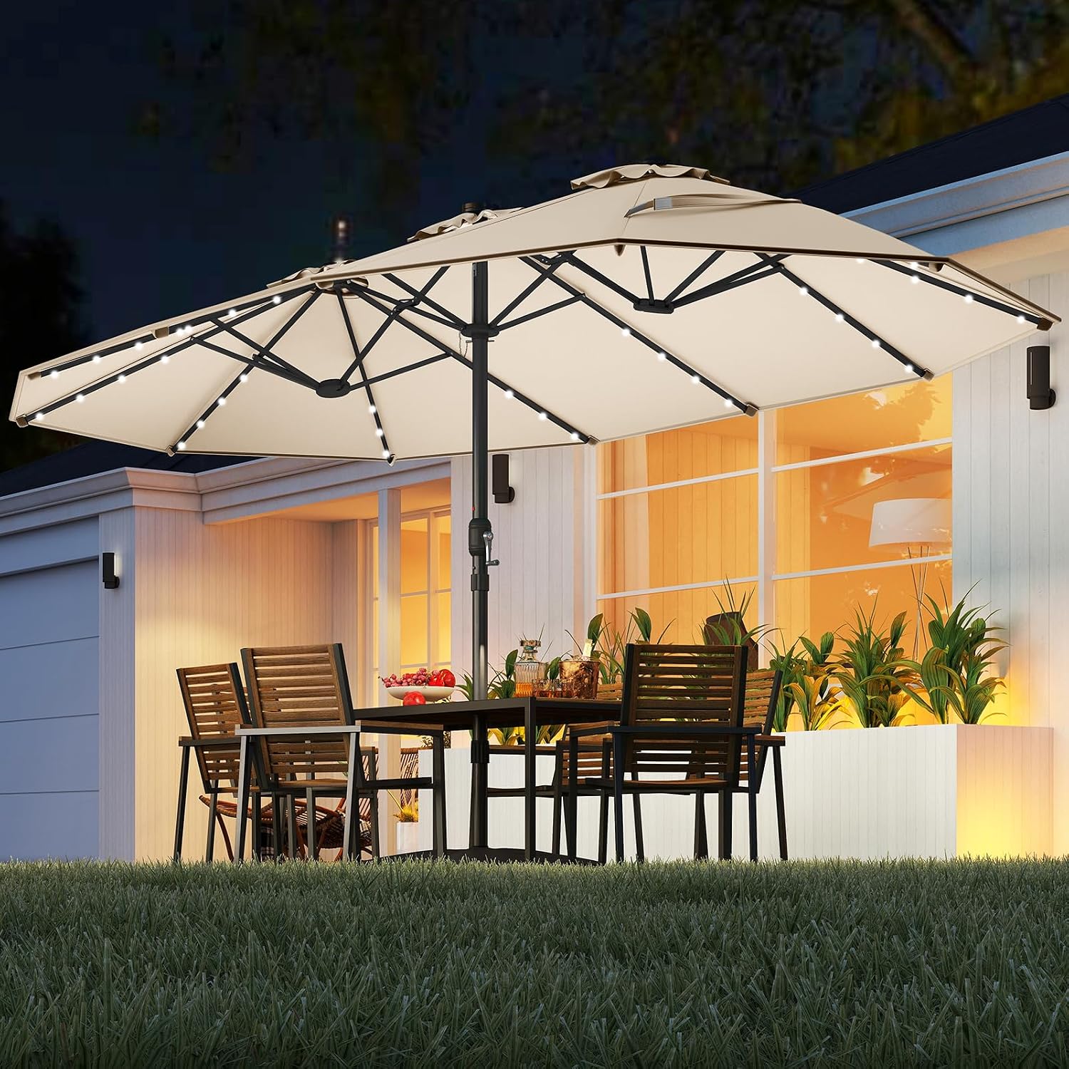 Tangkula 15FT Double-Sided Solar Patio Umbrella, Extra-Large Outdoor Twin Umbrella with 48 LED Lights, Vented Top, Crank Handle, 12 Ribs, Weighted Base Included for Backyard Poolside Deck (Beige)