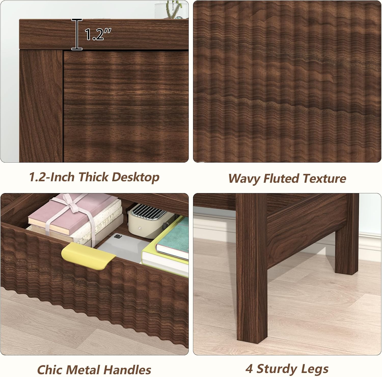 YOMILUVE Fluted Computer Desk with 2 Drawers, 39 Inch Small Computer Desk with Storage, Compact Writing Study Desk for Small Spaces, Walnut