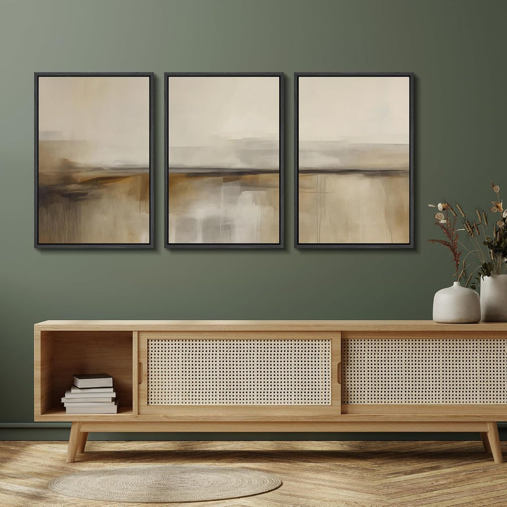 SIGNFORD Framed Canvas Print Wall Art Set Desert Haze Abstract Neutral Beige and Brown Illustrations Modern Art Relax/Calm for Living Room, Bedroom, Office - 24'x36'x3 Black