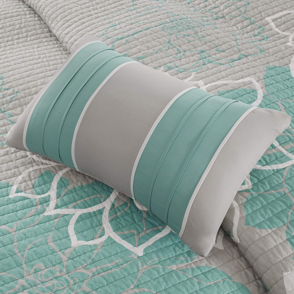 Madison Park Lola 100% Cotton Quilt Set - Casual Floral Channel Stitching Design, All Season, Lightweight Coverlet Bedspread Bedding, Shams, Decorative Pillows, King/Cal King(104'x94'), Aqua 6 Piece