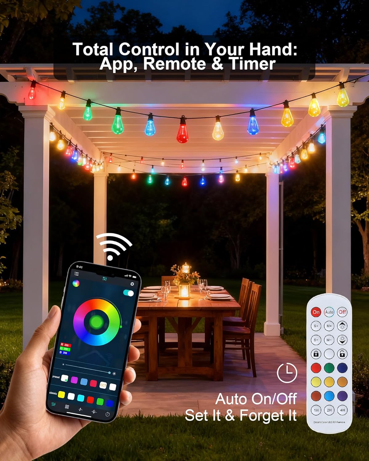 Smart Outdoor String Lights, 100FT (50FT*2) RGB Color Changing Patio Lights with Timer, 21-Key RF Remote and Bluetooth, IP65 Waterproof Shatterproof LED Lights for Backyard Balcony Garden Party Decor