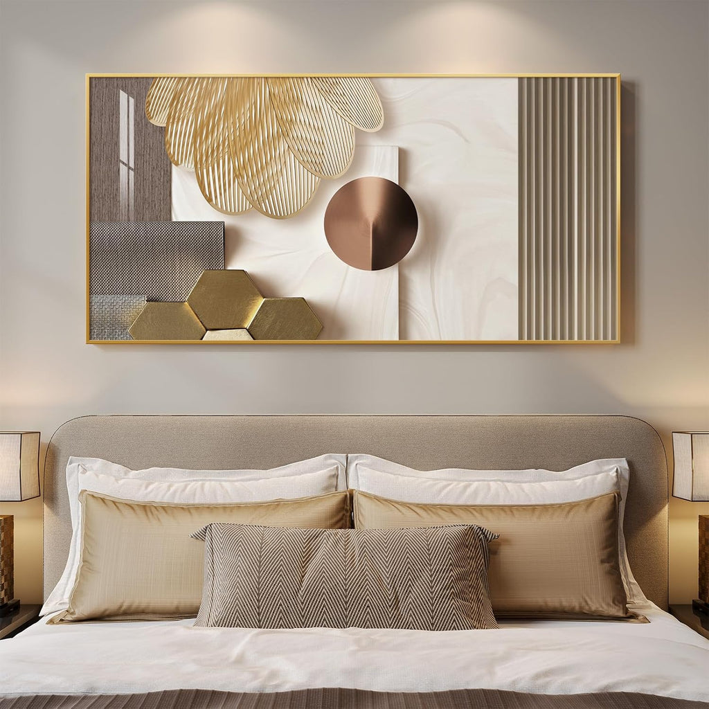 Large Framed Modern Luxury Gold Wall Art for Living Room, Horizontal Bright Style Artwork for Walls, Contemporary Geometric Picture Prints Painting Decor for Bedroom Hallway Dining Room 56x28 Inch