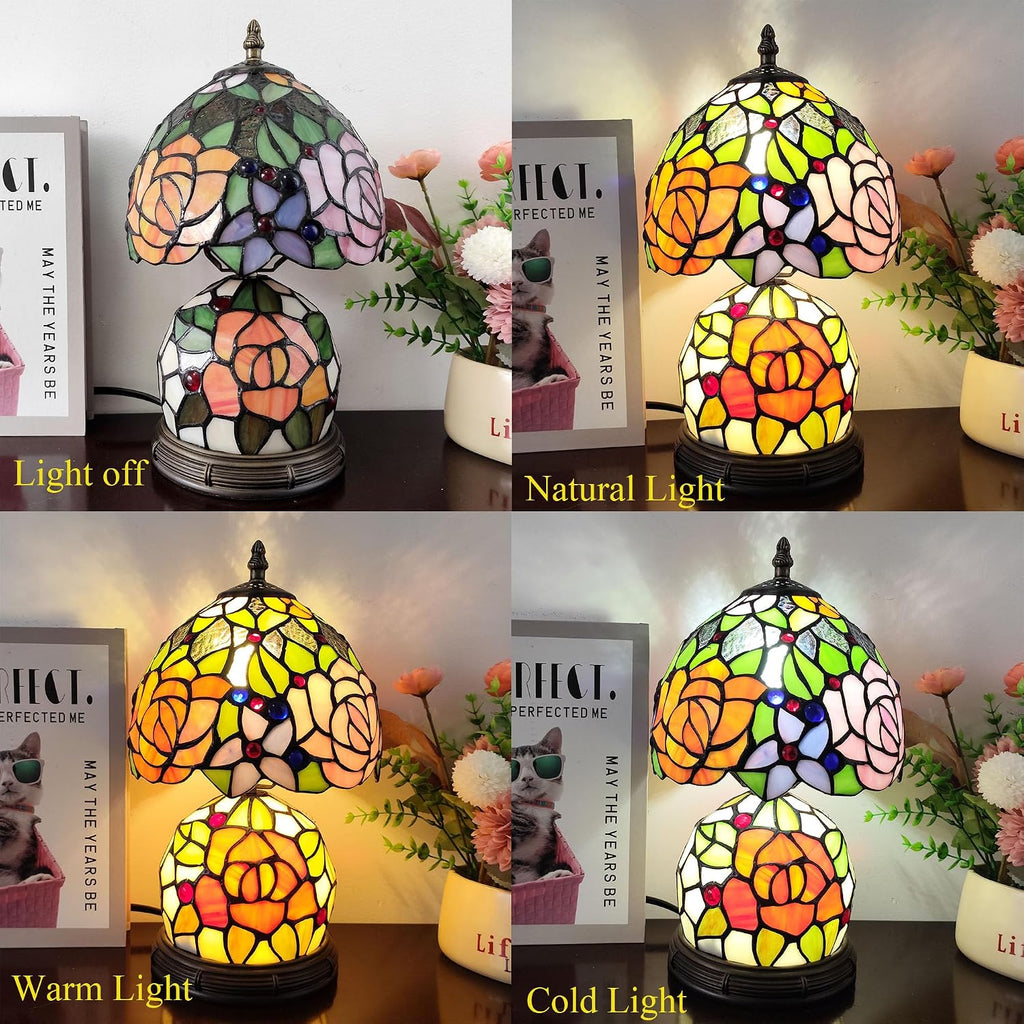 Tiffany Table Lamp Small Yellow Pink Roses Stained Glass Lamp Mother-Daughter Style Desk Reading Light with 2 LED Bulbs for Bedroom Living Room Office Decor