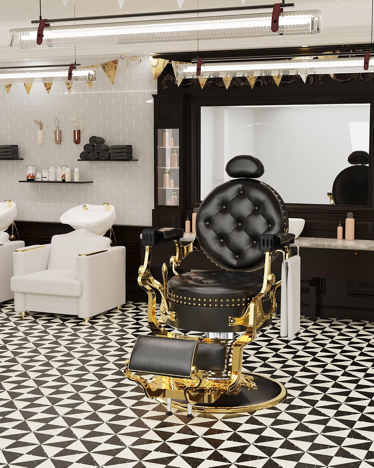 Baasha Black & Gold Retro Barber Chair, Heavy-Duty Reclining Salon Chair with Stylish Rivet Trim, Thick Cushion & Adjustable Headrest, 550 lbs Support