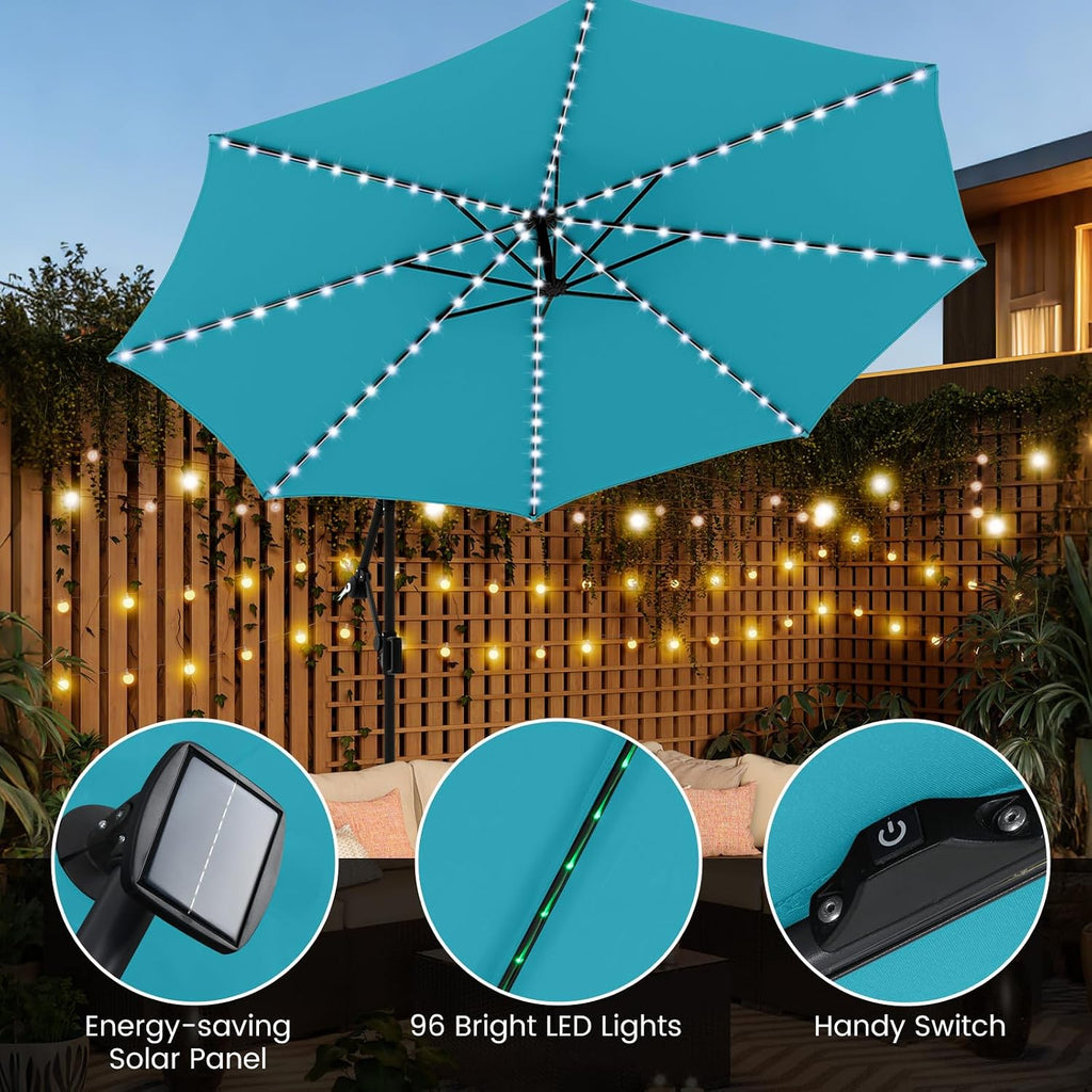 Tangkula 10 FT Solar Patio Umbrella with Base Included, Cantilever Offset Hanging Outdoor Umbrella with 96 Multi-Colored Flowing LED Lights, 9 Modes, Tilt Adjustment, 360° Rotation, Crank for Pool Yard Deck Lawn (Turquoise)