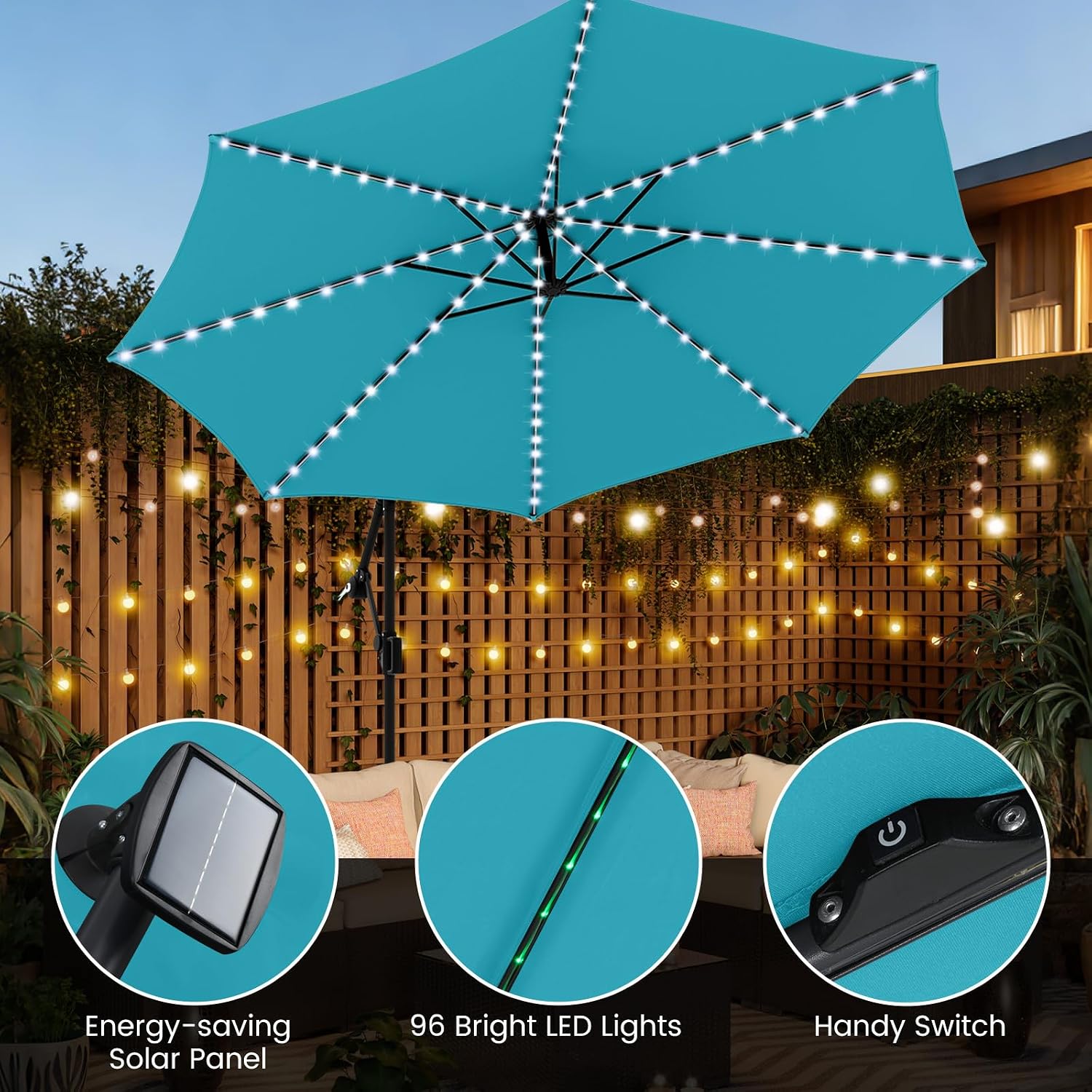 Tangkula 10 FT Solar Patio Umbrella with Base Included, Cantilever Offset Hanging Outdoor Umbrella with 96 Multi-Colored Flowing LED Lights, 9 Modes, Tilt Adjustment, 360° Rotation, Crank for Pool Yard Deck Lawn (Turquoise)