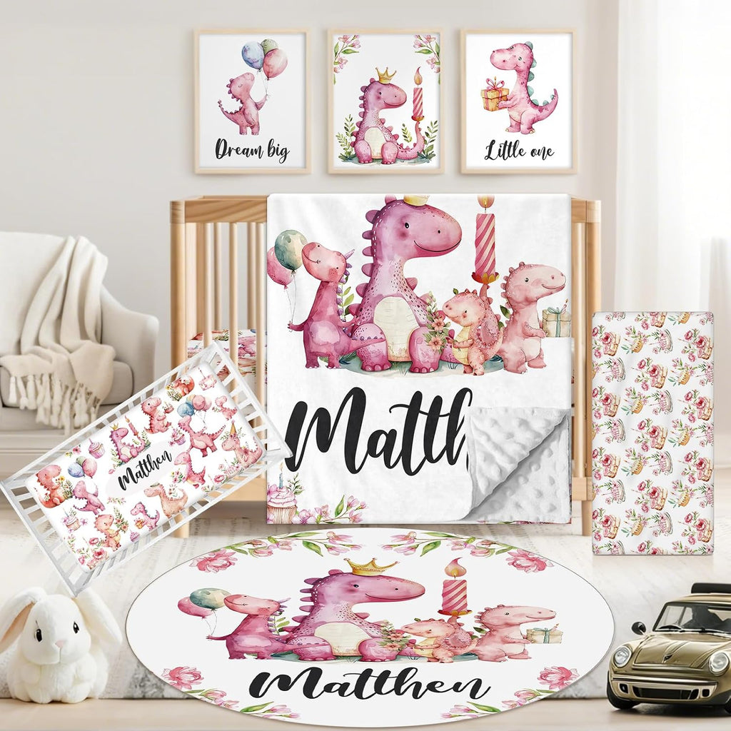 Custom Baby Crib Bedding Set, 5 PCS Personalized Name Baby Crib Sets for Girls Boys, Pink Dinosaur Theme Nursery Bedding Sets for Infant Toddler, Double Layer Flannel Bed Set Customized Gifts