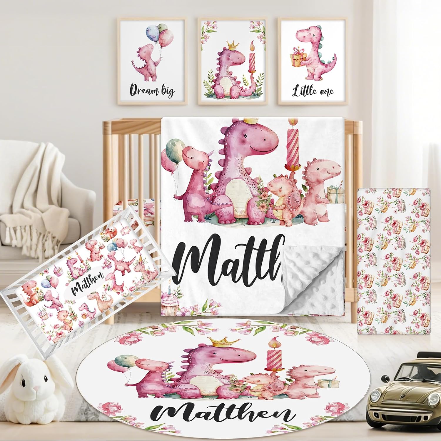 Custom Baby Crib Bedding Set, 5 PCS Personalized Name Baby Crib Sets for Girls Boys, Pink Dinosaur Theme Nursery Bedding Sets for Infant Toddler, Double Layer Flannel Bed Set Customized Gifts
