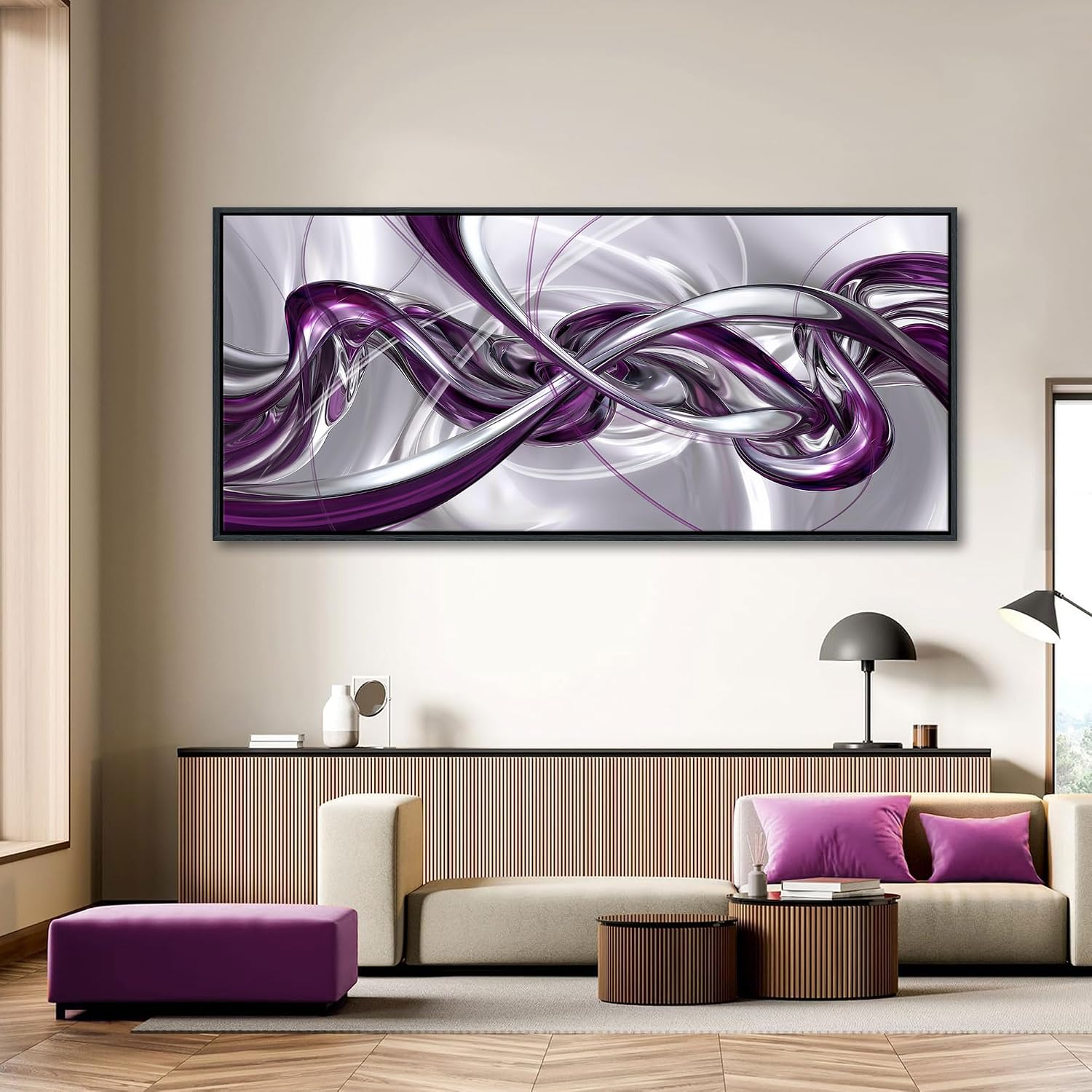 Pogusmavi Purple Wall Art - Modern Framed Canvas Abstract Art for Living Room Silver Wall Decor, Office Artwork, Bedroom Pictures, Contemporary Prints, Paintings for Decorations