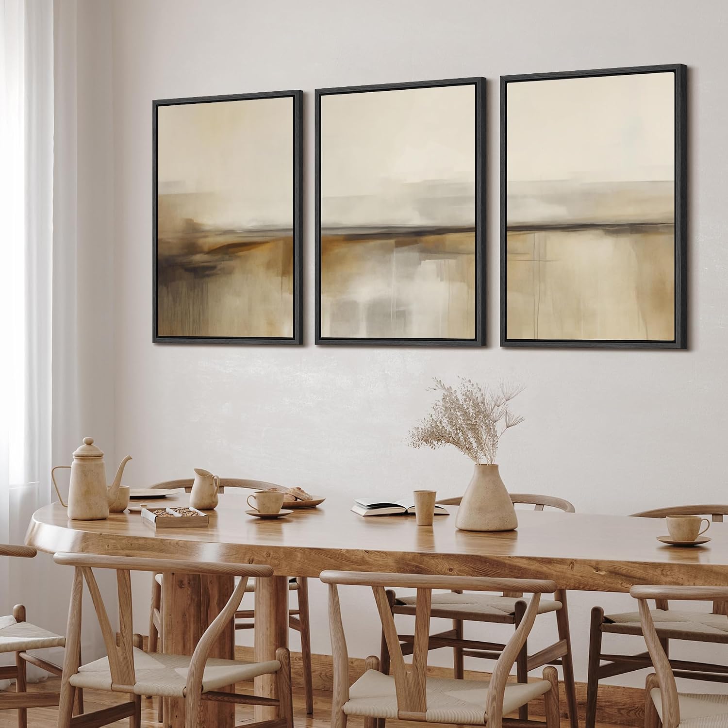 SIGNFORD Framed Canvas Print Wall Art Set Desert Haze Abstract Neutral Beige and Brown Illustrations Modern Art Relax/Calm for Living Room, Bedroom, Office - 24'x36'x3 Black