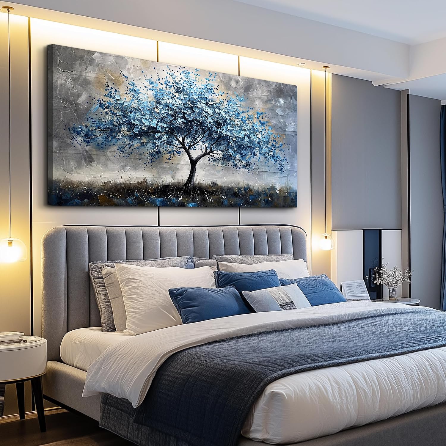 MHARTK66 Farmhouse Wall Art For Bedroom Large Canvas Wall Decor For Living Room Blue Tree Landscape Wall Pictures Artwork Stretched and Framed Canvas Paintings Ready to Hang for Office Home Decor