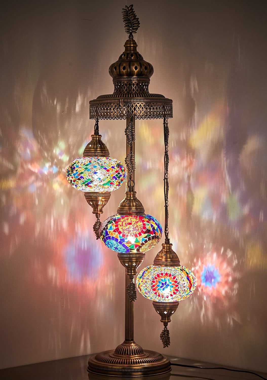 DEMMEX Turkish Moroccan Mosaic Floor & Table Lamp – Handmade Boho Tiffany-Style Light with 3 Large 7' Globes, Artisan Decor, 37' (95cm) Tall, Antique Brass Finish, North American Use (Customizable)