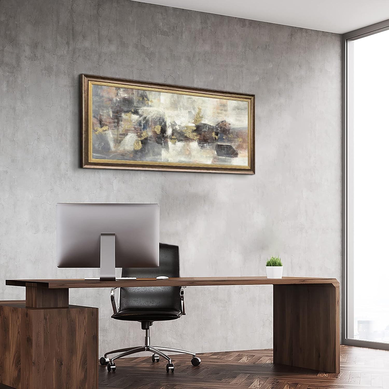 Framed Modern Art Wall Grey: Abstract Canvas Painting Heavy Texture Picture Gold Foils Artwork for Home Decor(30x60)