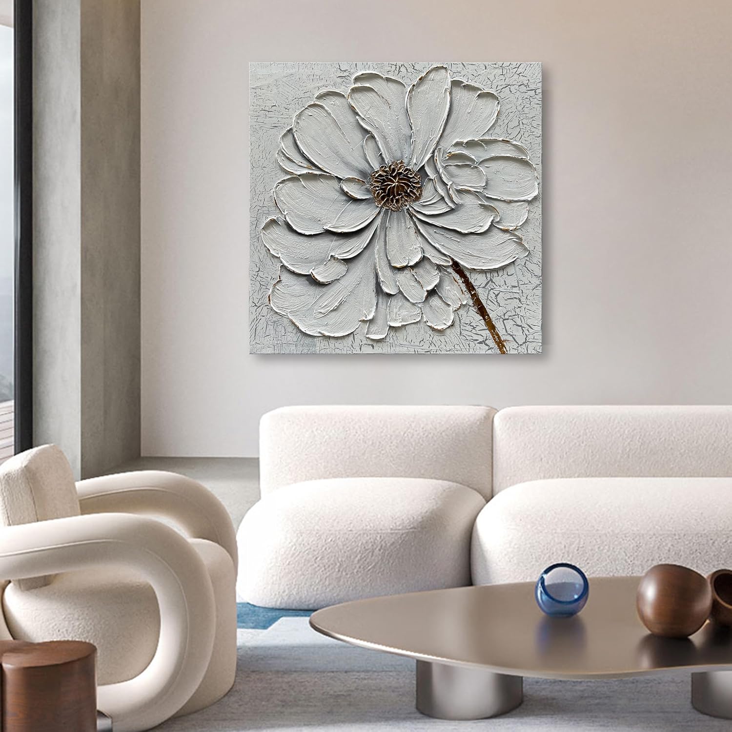 Hand Painted White Flower Texture Art 36x36 Inch Abstract Home Wall Decoration Art