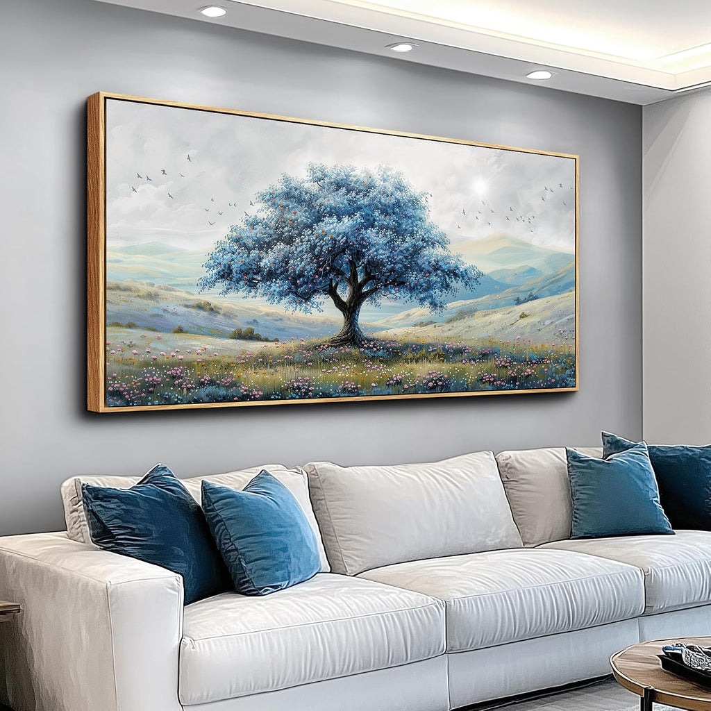 ZUITINGHUA Wood Framed Canvas Wall Art For Living Room Large Wall Decor For Office Bedroom Decorations Blue Tree Landscape Pictures Farmhouse Paintings Artwork Wall Mural Modern Home Decor 30x60 In