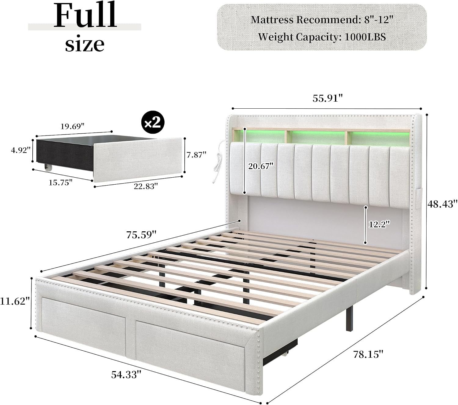 SIBEDS Full LED Bed Frame with 2 Drawers, Upholstered Platform Bed with 2 Tier Storage Wingback Headboard, Linen Channel Tufted Bedframe with Rivet Decor, No Box Spring Needed, Natural