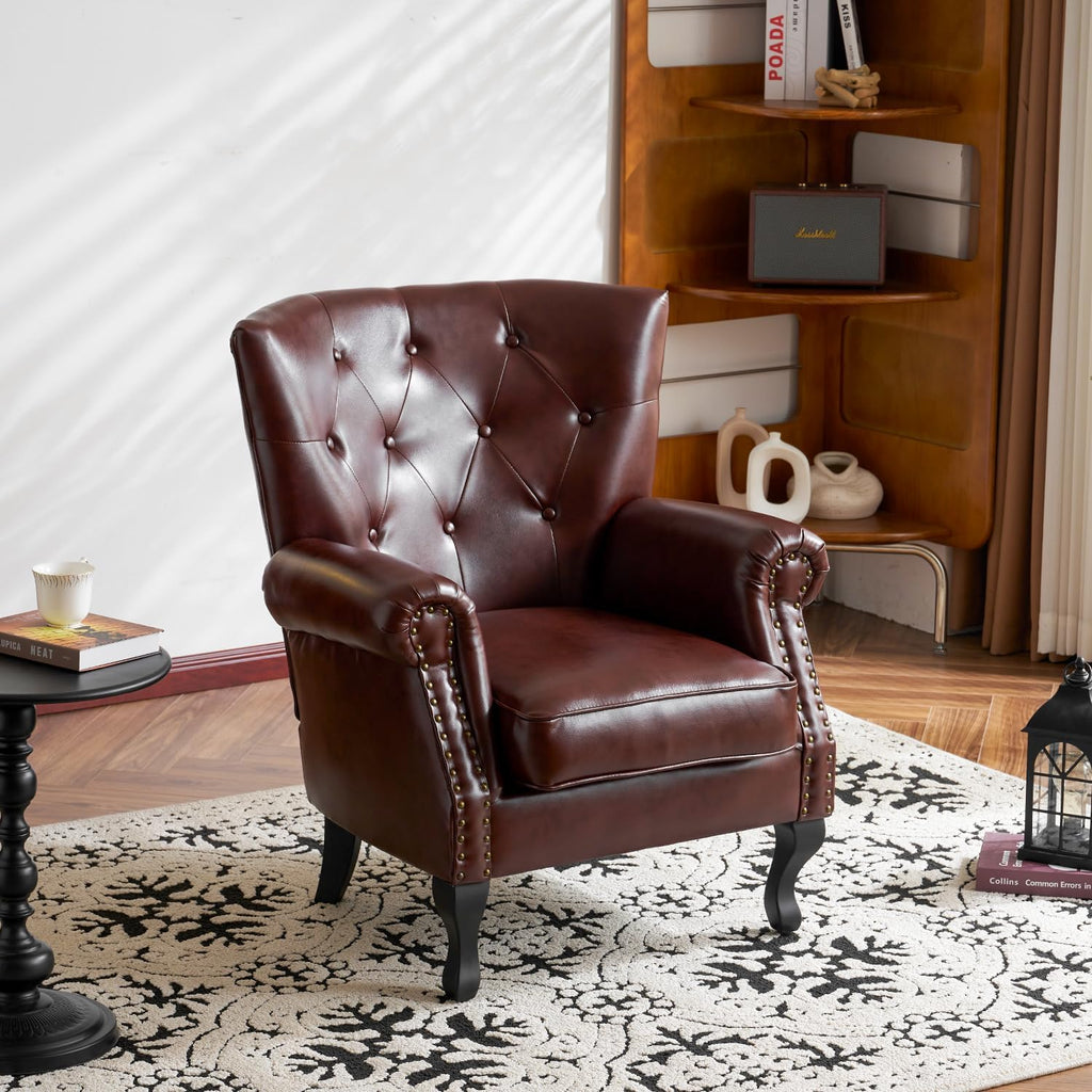 MOJAY PU Leather Accent Chair Set of 2, Mid-Century Modern Armchair Living Room Club Chair with Tufted Button & Rivet Trim, Upholstered Sofa Chair with Sturdy Wood Legs for Bedroom (Reddish Brown)