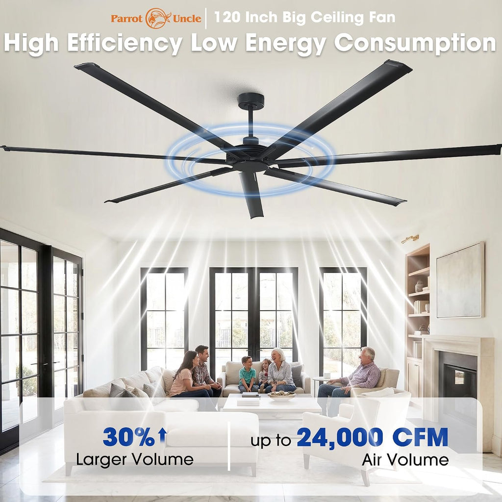 120 Inch Ceiling Fans Industrial Large Big Commercial Shop Fan with Remote Control, 6-Speed Reversible Outdoor Ceiling Fans for Patios Garage Warehouse Barn, 7 Aluminum Blade DC Motor High CFM, Black
