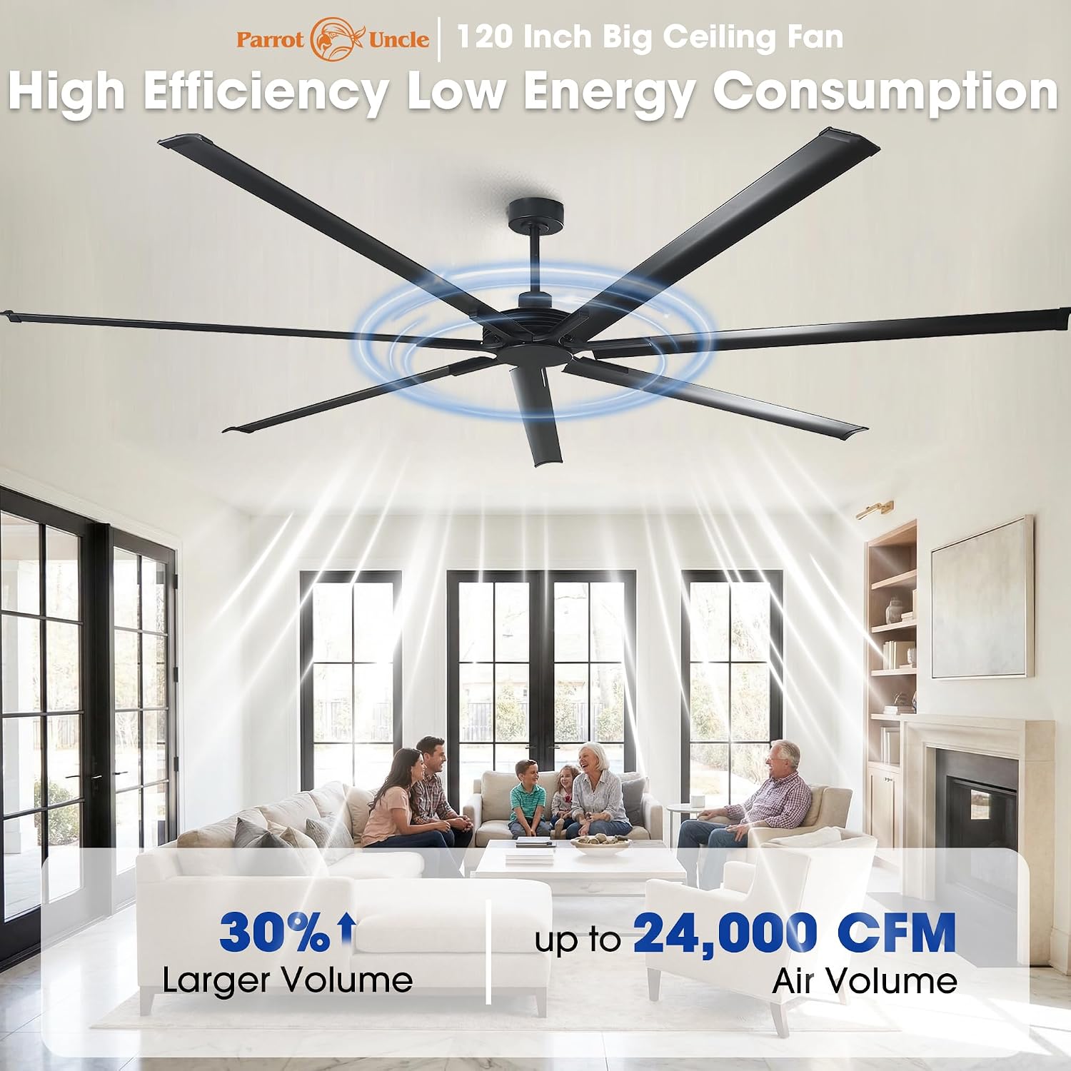 120 Inch Ceiling Fans Industrial Large Big Commercial Shop Fan with Remote Control, 6-Speed Reversible Outdoor Ceiling Fans for Patios Garage Warehouse Barn, 7 Aluminum Blade DC Motor High CFM, Black