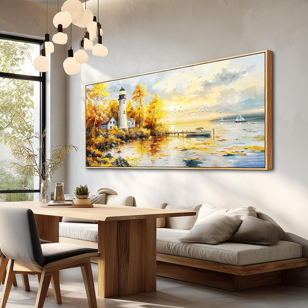 XIGUANGART Extra Large Wall Art for Living Room Modern Framed Coastal Beachy Canvas Wall Art Big Floral Sunrise Yellow Wall Picture Lighthouse Nature Sunset Artwork for Office Bedroom Decor 32x72 In