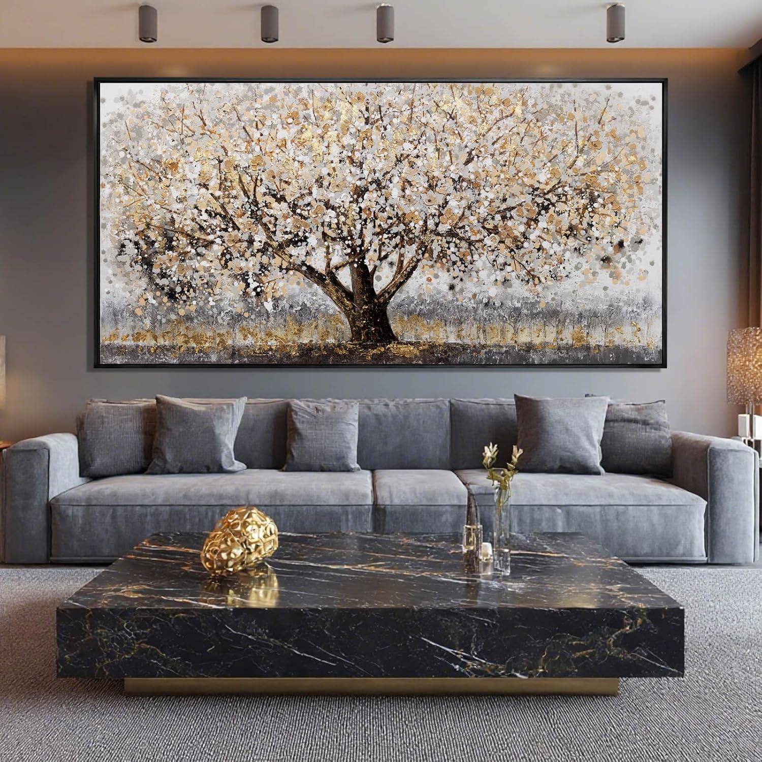 CHUDANHAO Gold Foil Canvas Wall Art Flower Wall Decor Plant Photo Prints Landscape Wall Decorations 29'x58' Large Artwork for Living Room Office