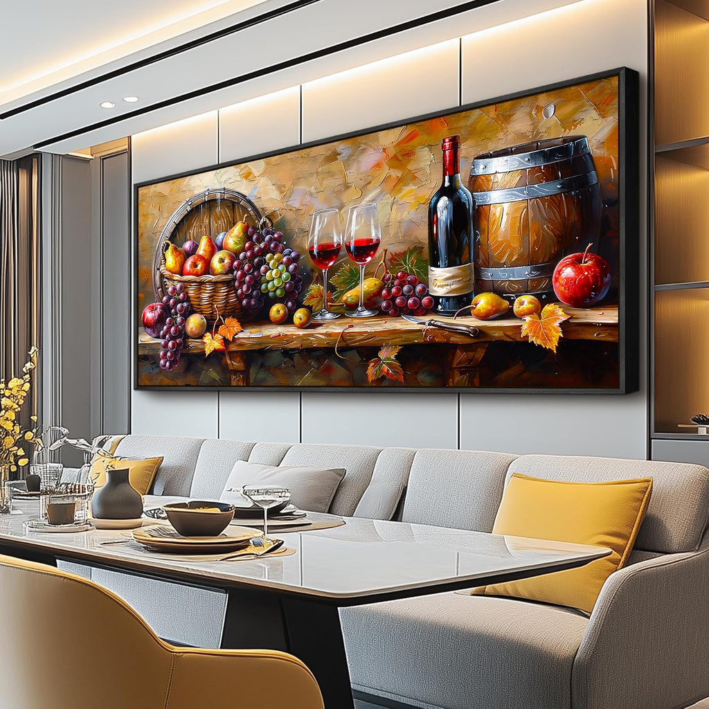 XIGUANGART Large Framed Wall Art for Kitchen, Vintage Food Wine Painting Prints, Rustic Wall Decor Fruit Harvest Pictures for Living Room Dining Room Pub Home Bar Farmhouse Decorations 32x72 In