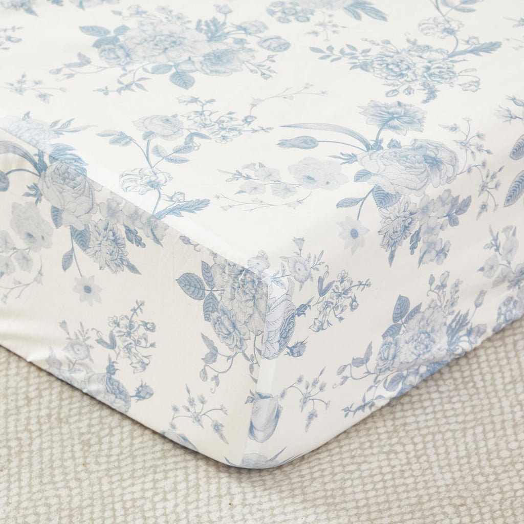 Brandream French Country Toile Crib Bedding Set for Girls Vintage Blue Grandmillennial Toile Floral Print 100% Cotton Baby Girl Nursery Bedding - 3 Pieces Ruffles Quilt,Toile Crib Sheet,Crib Bed Skirt